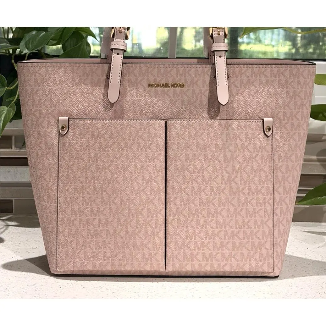 Michael Kors Jet Set Medium Double Pocket Tote Shoulder Bag Purse MK Pink Logo