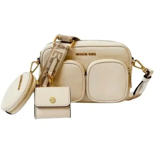Jet Set Medium Crossbody Leather Bag Tech Attached Light Cream by Michael Kors