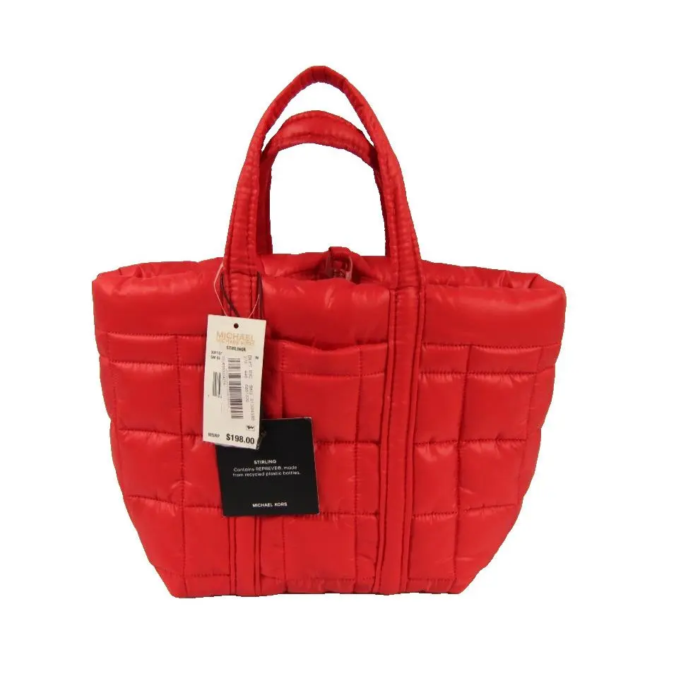 Michael Kors Stirling Quilted Recycled Nylon Puffy Small Tote Bag -red