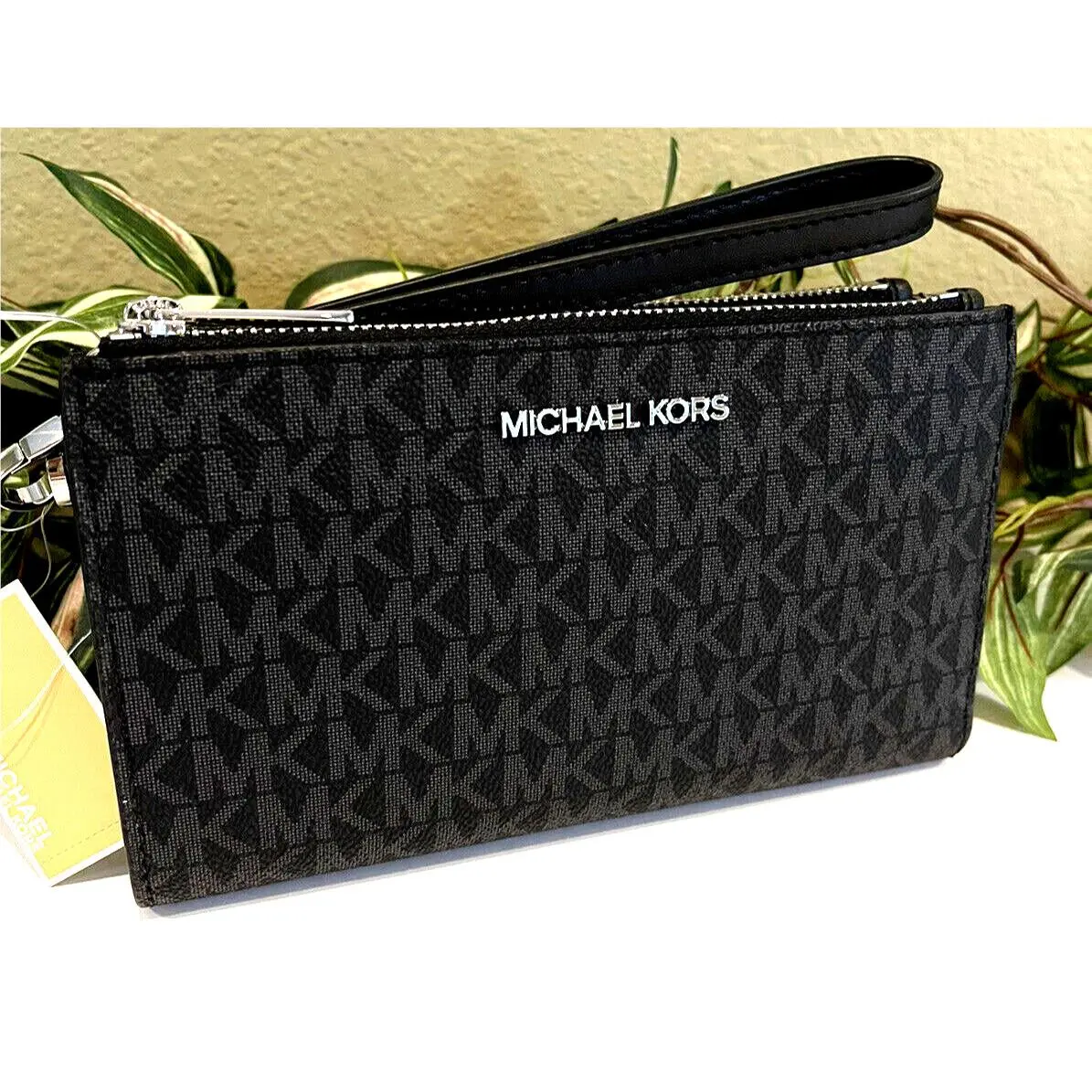 Michael Kors Jet Set Travel Double Zip Wallet Phone Case Wristlet MK Black Logo