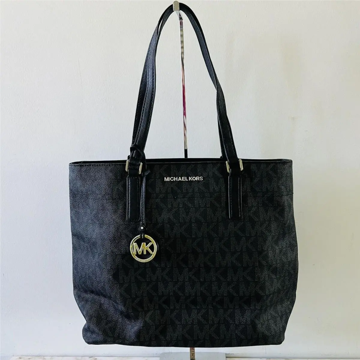 Michael Kors Morgan Black Gray Logo Print Leather Medium Tote Bag