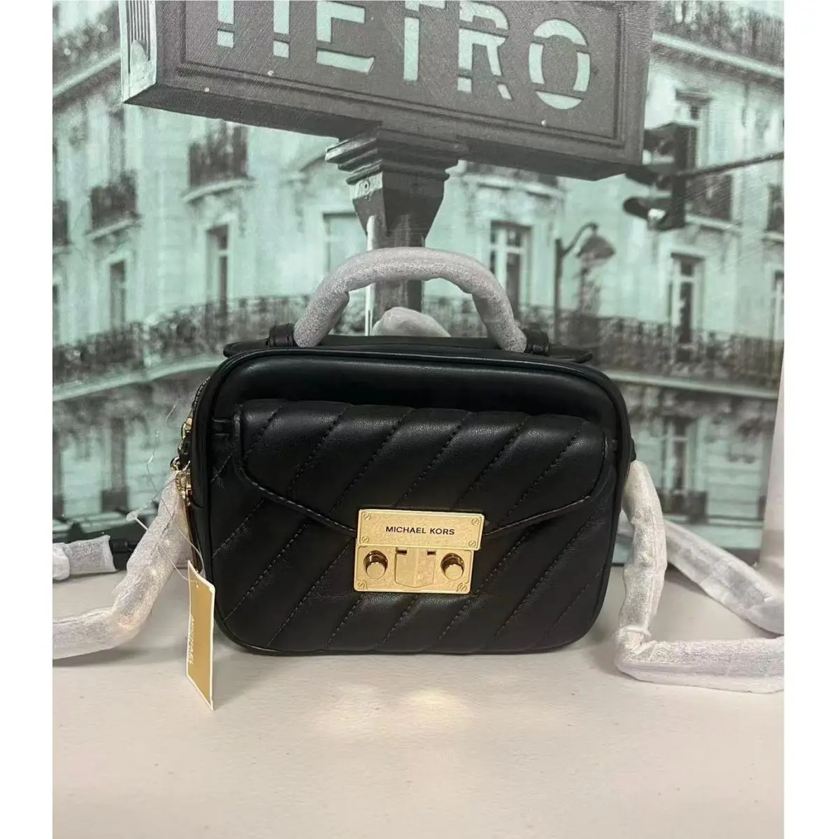 Michael Kors Rose 35F1GX0C5U Black Leather Chain Crossbody Bag