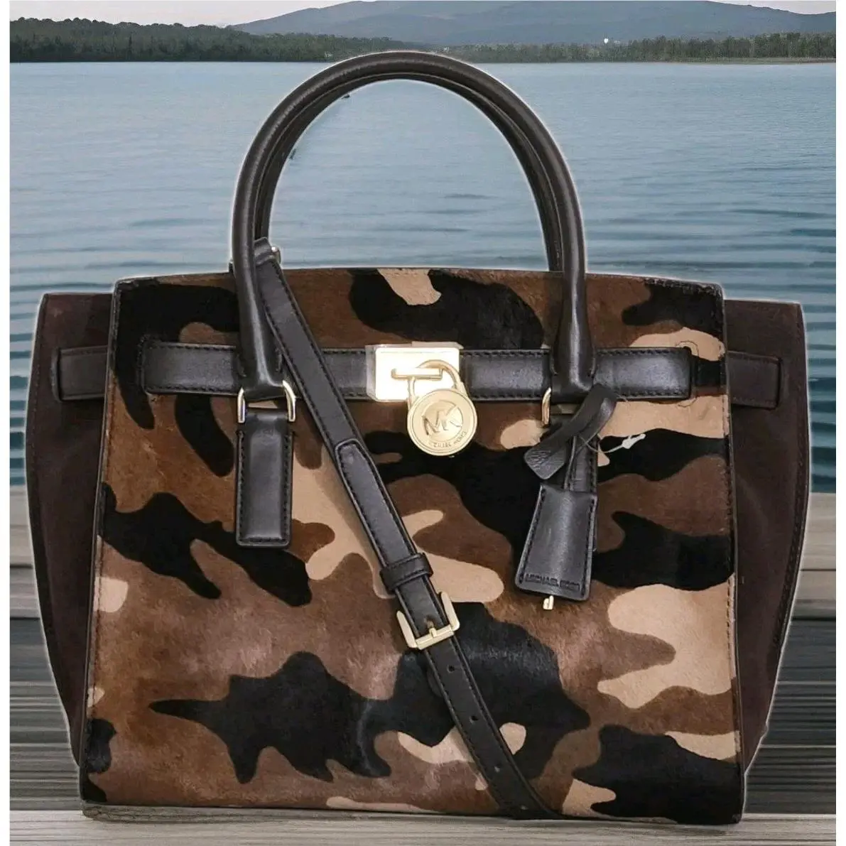Michael Kors Large Hamilton Traveler Camouflage Brown Haircalf Tote Bag