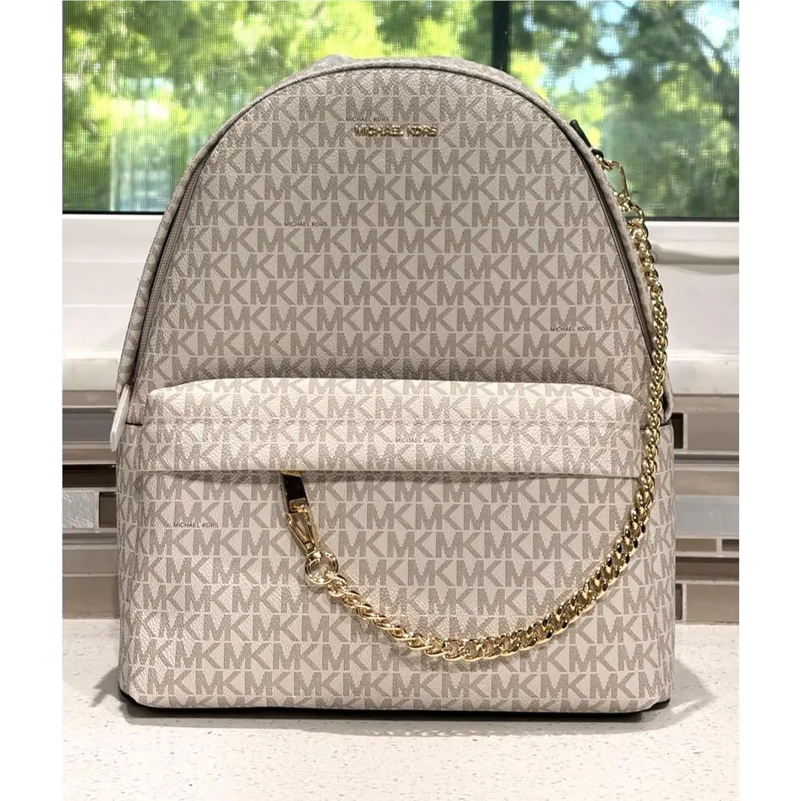Michael Kors Slater Medium Zip Chain Backpack Bag Travel Tote MK Cream Logo Gold
