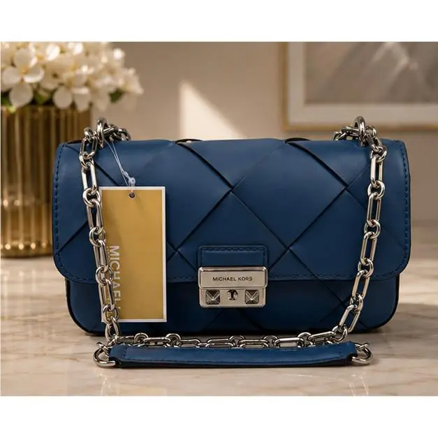 Michael Kors Tribeca Small Convertible Chain Shoulder Bag Chambray Blue Leather