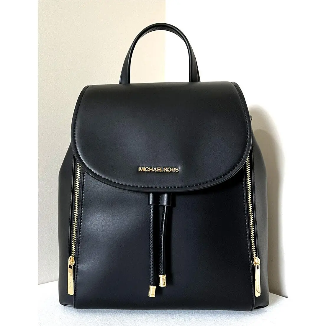 Michael Kors Phoebe Medium Flap Drawstring Backpack Non-leather Vegan Black