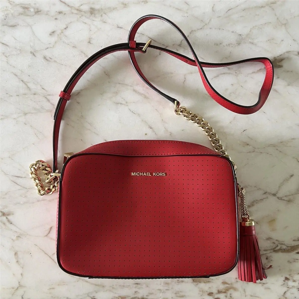 Michael Kors Ginny Bright Red Leather Medium Crossbody Camera Bag