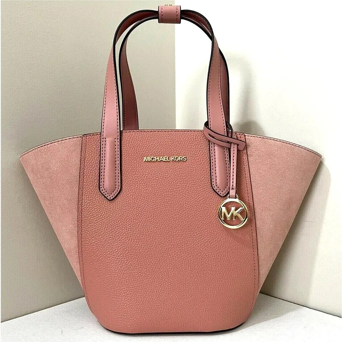 Michael Kors Portia Small Tote Leather and Suede Sunset Rose with Dust Bag