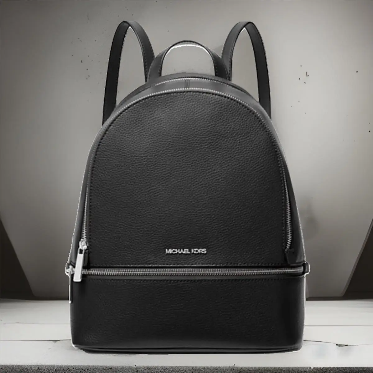Michael Kors Rhea Medium Zip Backpack Bag Travel Tote MK Black Leather Silver