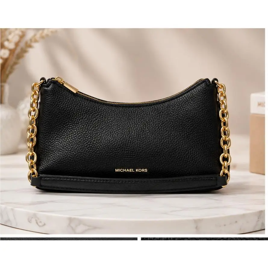 Michael Kors MD Chain Pouchette Black Leather Shoulder Bag Gold Chain Purse