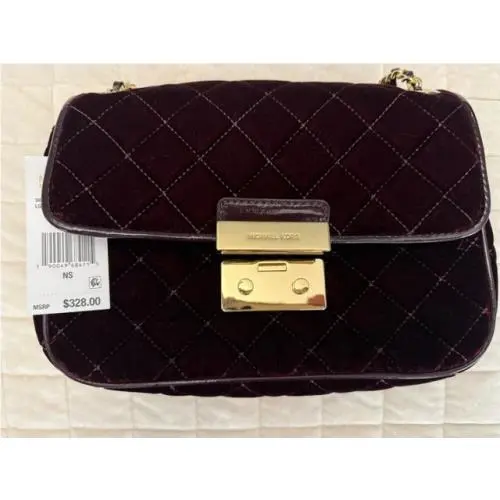 Michael Kors Quilted Velvet Sloan Crossbody Bag Wine Burgundy with Gold Hardware