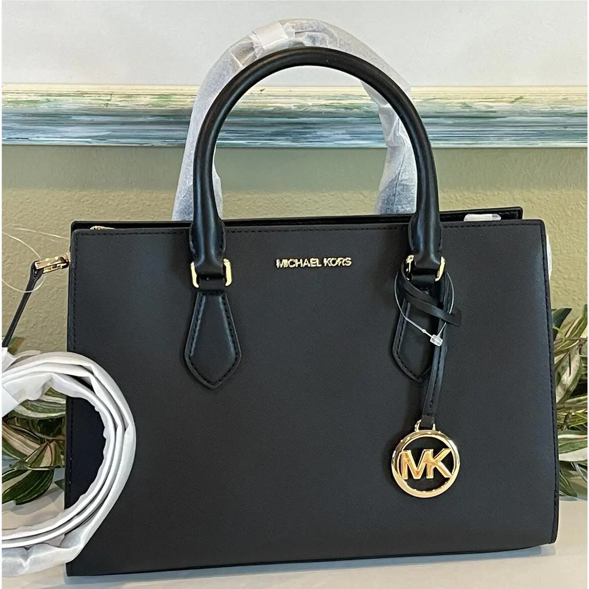 Michael Kors Sheila Medium Triple Compartment Satchel Shoulder Bag MK Black Gold
