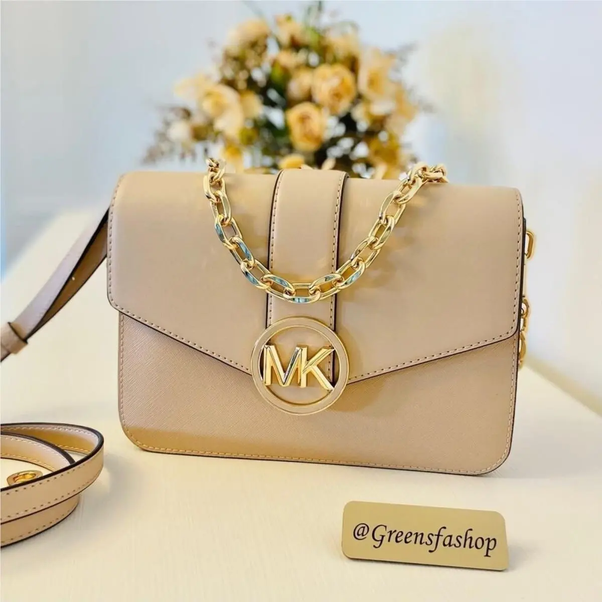 Michael Kors Carmen Medium Monogram Flap Crossbody Leather Buff