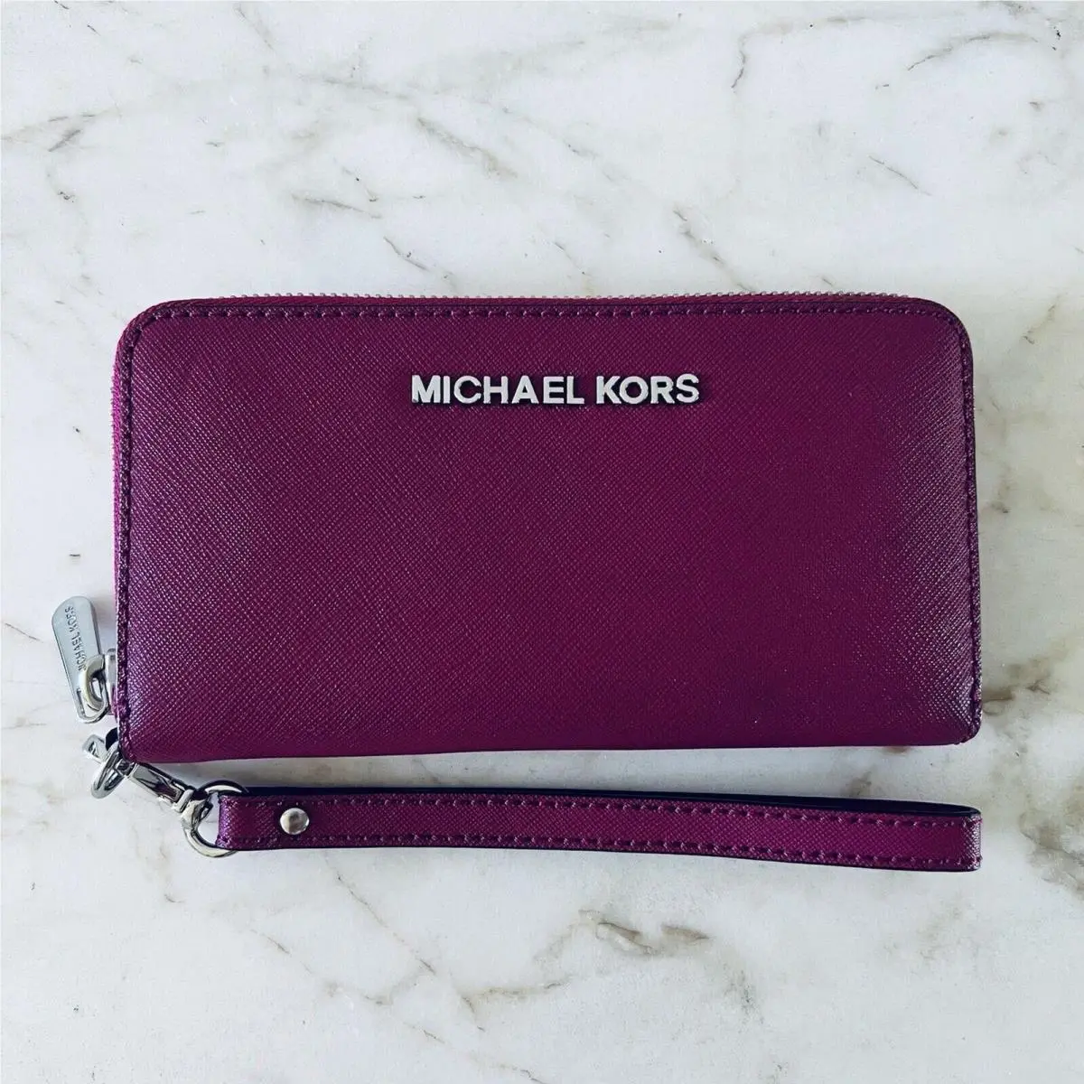 Michael Kors Maroon Leather Multi Function Phone Zip Wallet Wristlet