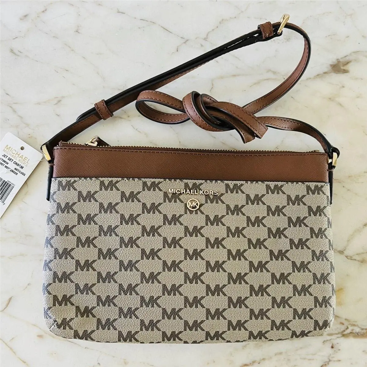 Michael Kors Jet Set Charm Natural Luggage Pocket Zip Messenger Crossbody Bag