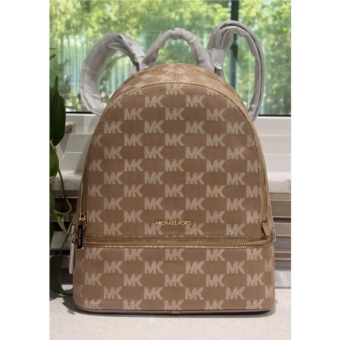 Michael Kors Rhea Medium Zip Backpack Bag Travel Tote MK Camel Tan Brown MK Logo