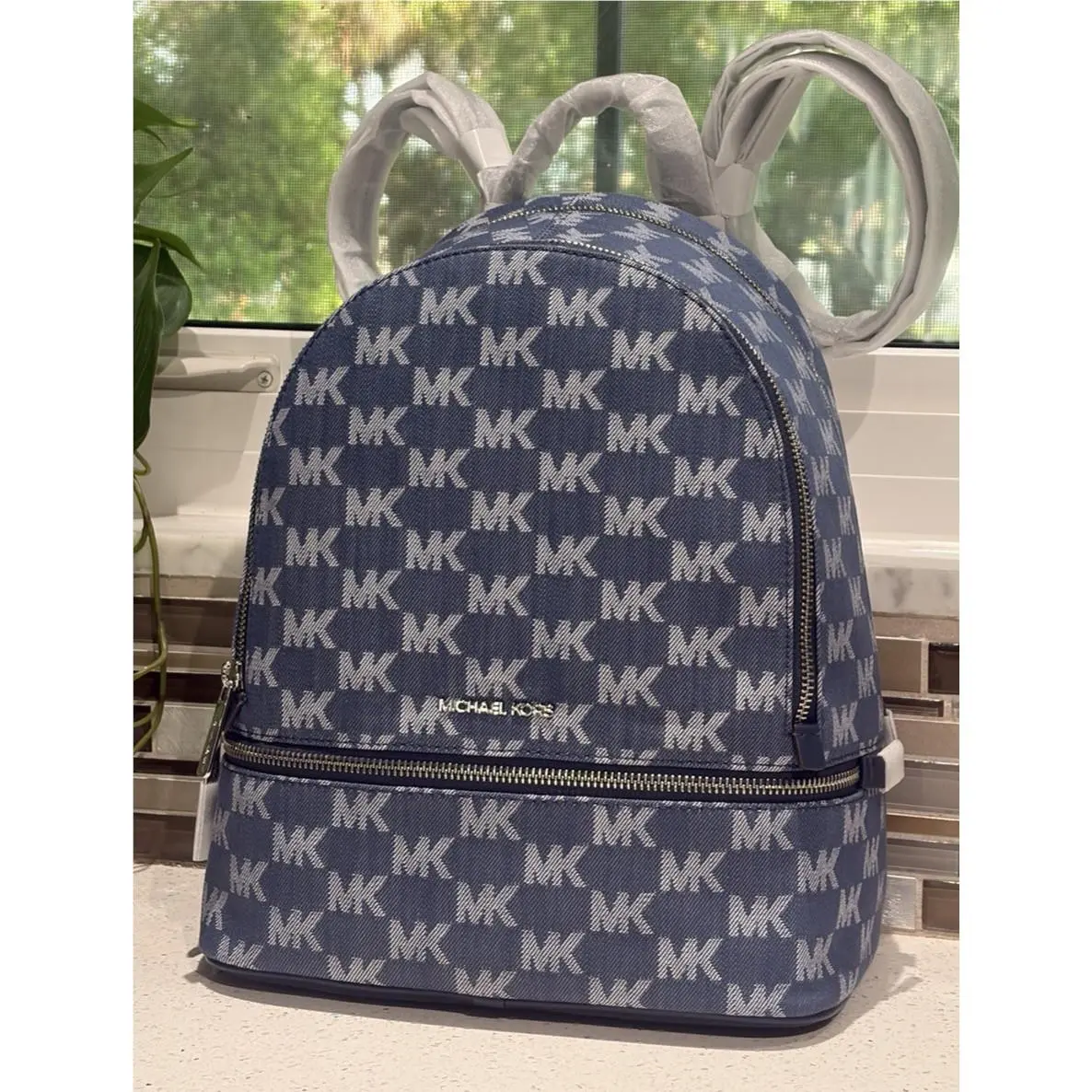 Michael Kors Rhea Medium Zip Backpack MK Denim Blue Bag Travel Tote Logo Silver