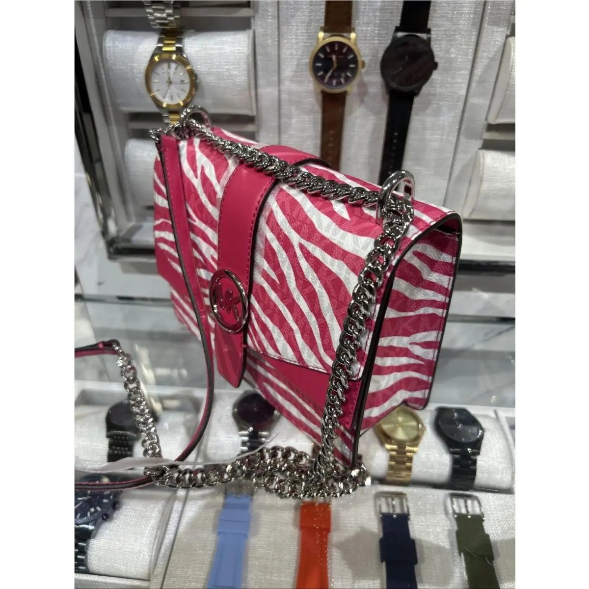 Michael Kors Greenwich Small Crossbody Pink White Zebra Stripe Bag Handbag MK