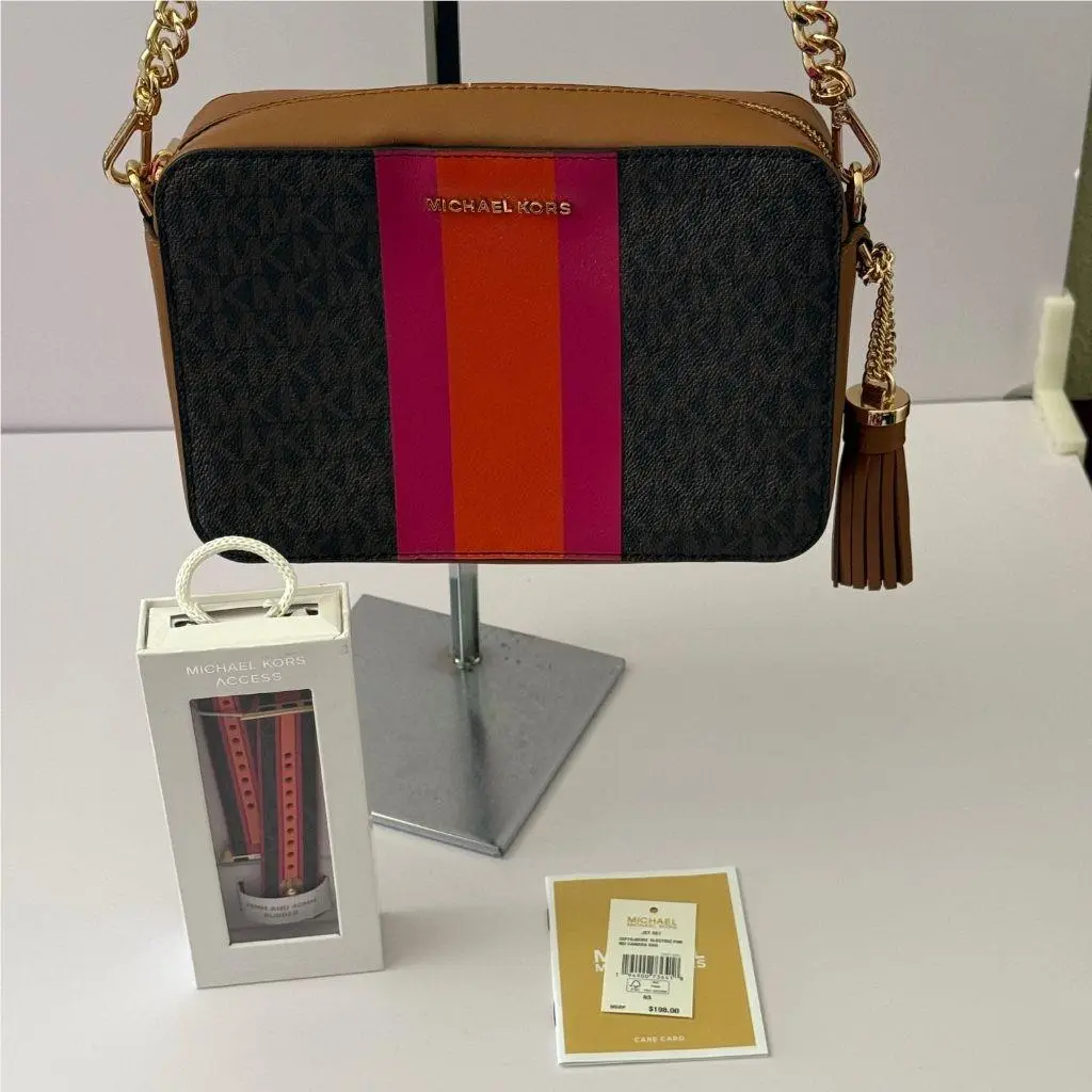 Michael Kors Jet Set Bag Watch Band Brown MK Signature Pink Orange Stripe