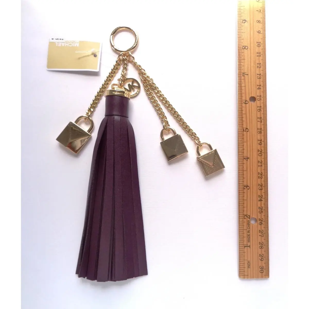Michael Kors Leather Keychain Logo Handbag Charm Damson Tassel Gold Locks