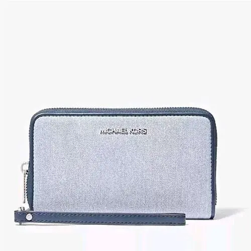 Michael Kors Jet Set Denim Smartphone Wallet Wristlet Organizer Silver Blue