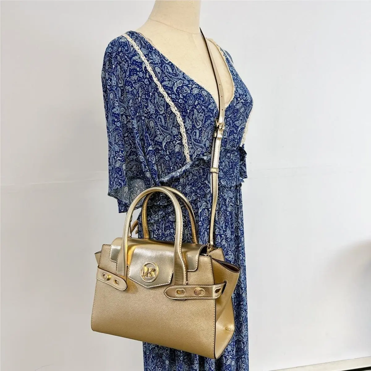 Michael Kors 35F3GNMS8M Carmen Medium Metallic Belted Satchel IN Pale Gold