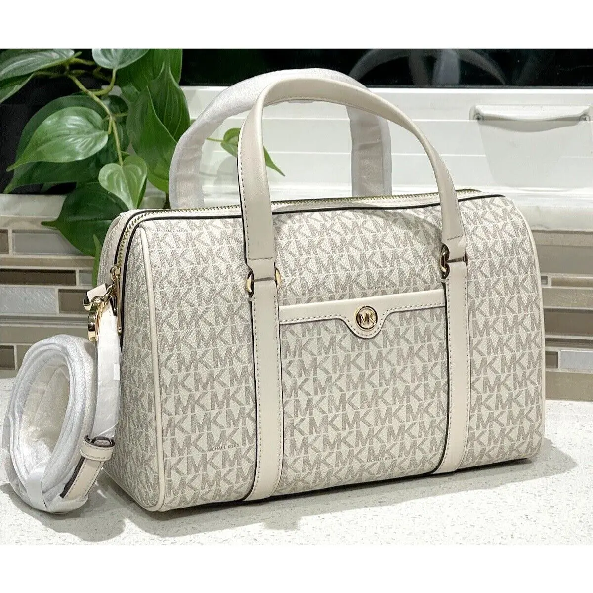 Michael Kors Travel Medium Duffle Satchel Bag Shoulder MK Cream Logo Signature