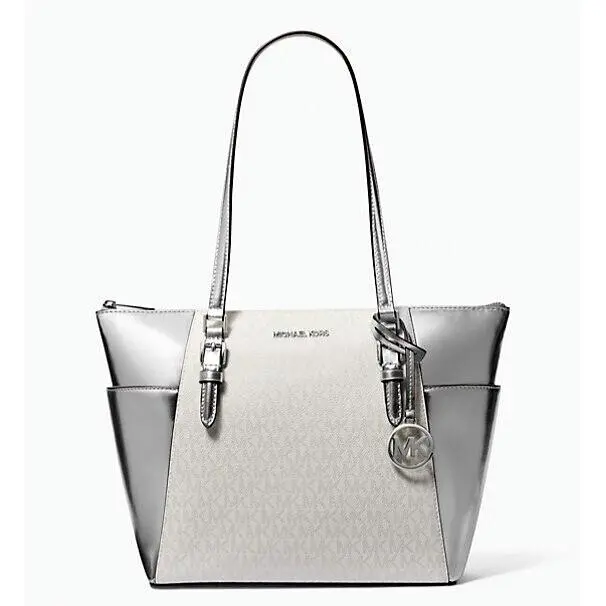 Michael Kors Charlotte Large Signature Logo and Metallic Tote Bag Silver