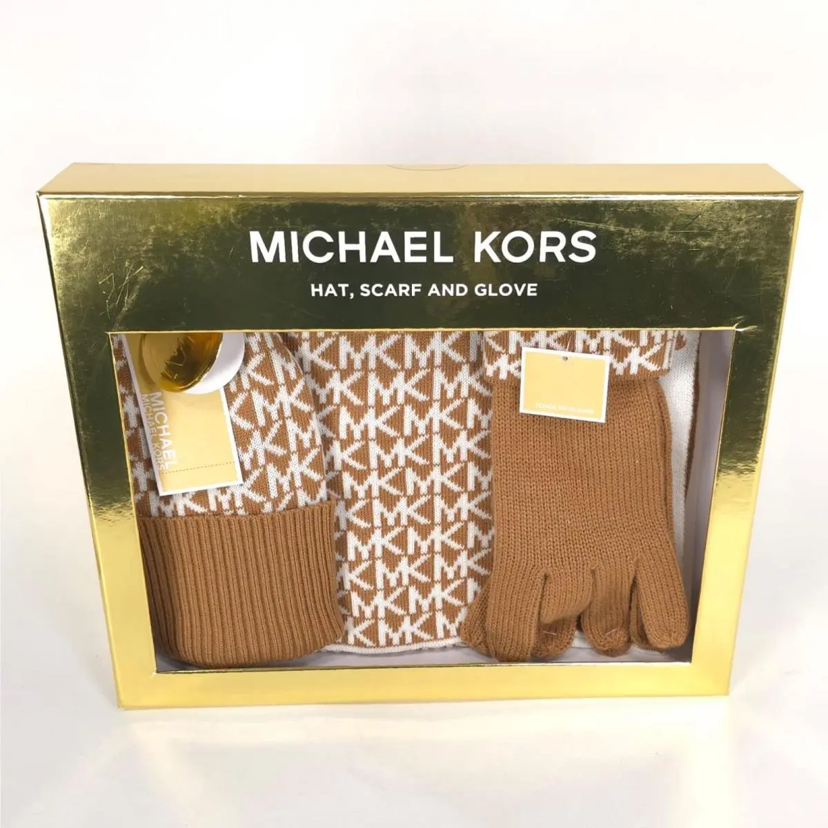 Michael Kors Women’s Set Beanie Hat Scarf Touch Gloves Camel MK Logo Onesize