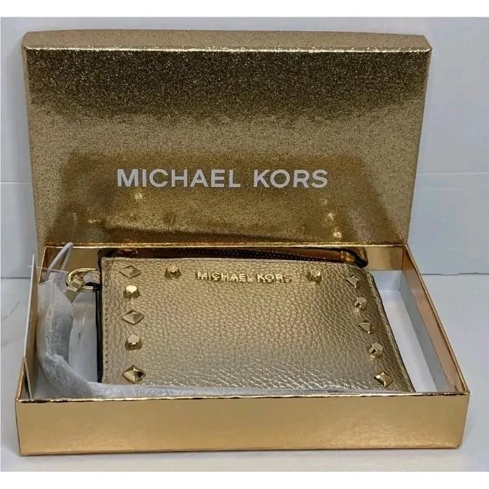 Michael Kors Jet Set Small Coin Purse Pouch Brown Signature Gold Studs