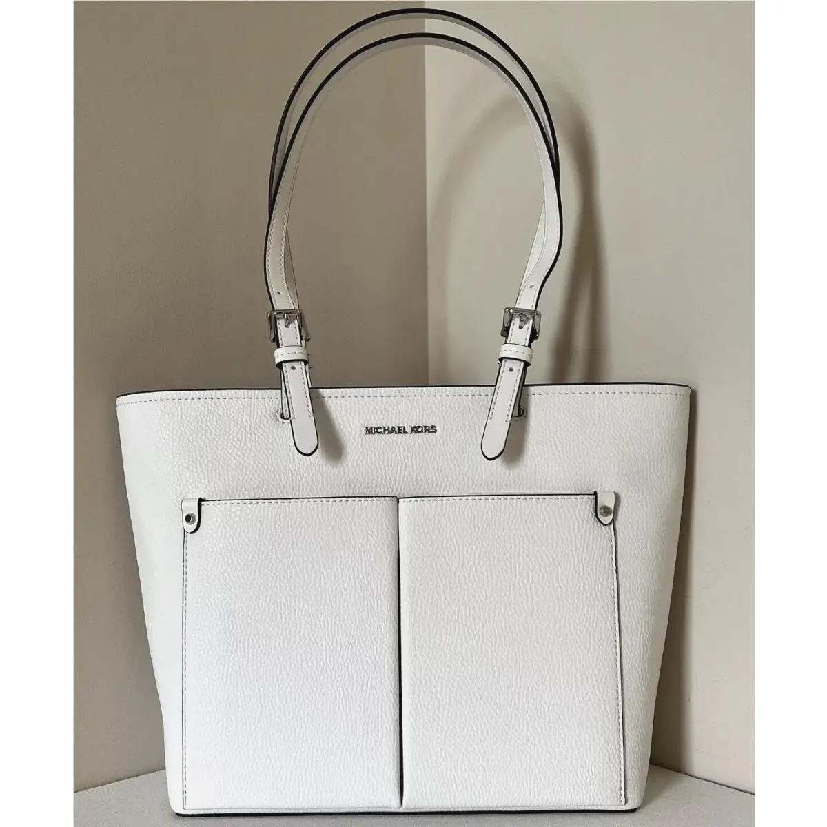 Michael Kors Jet Set Travel Medium Double Pocket Tote Optic White / Dust Bag