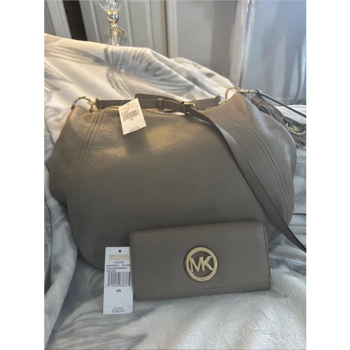 Michael Kors Frances Pebbled Leather XL Convertible Tote Tan and Wallet