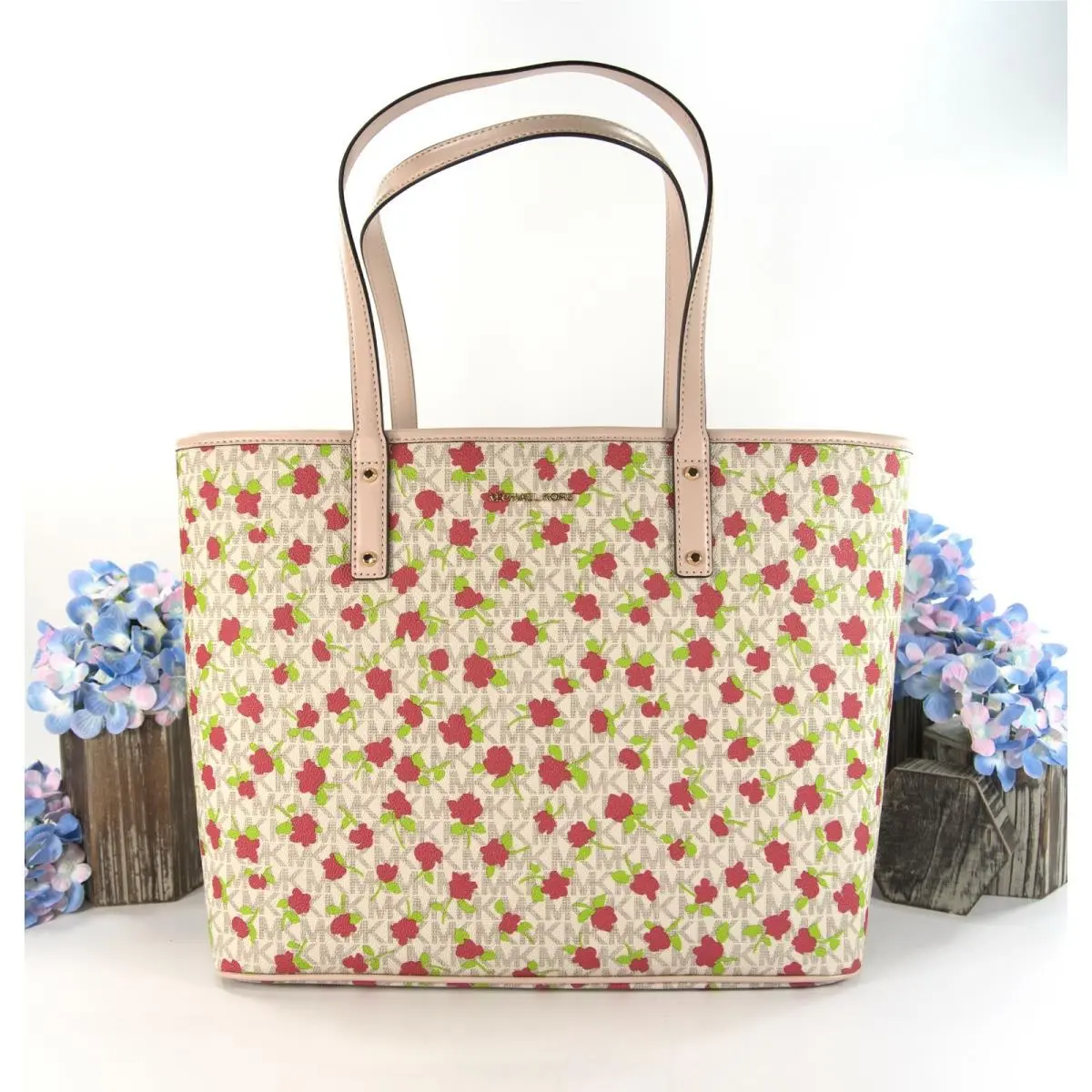 Michael Kors Vanilla Monogram Floral Leather Carter Travel Tote Bag