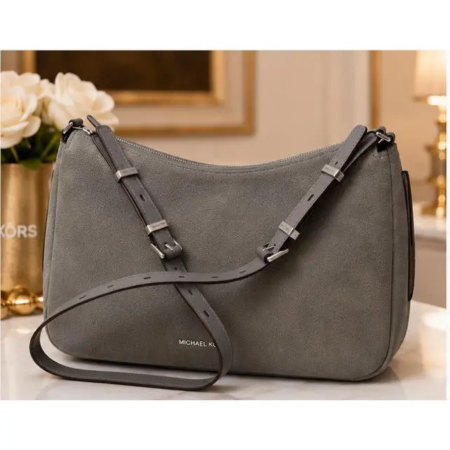 Michael Kors Pewter Gray Leather Shoulder Bag Medium Zip Top Silver Hardware