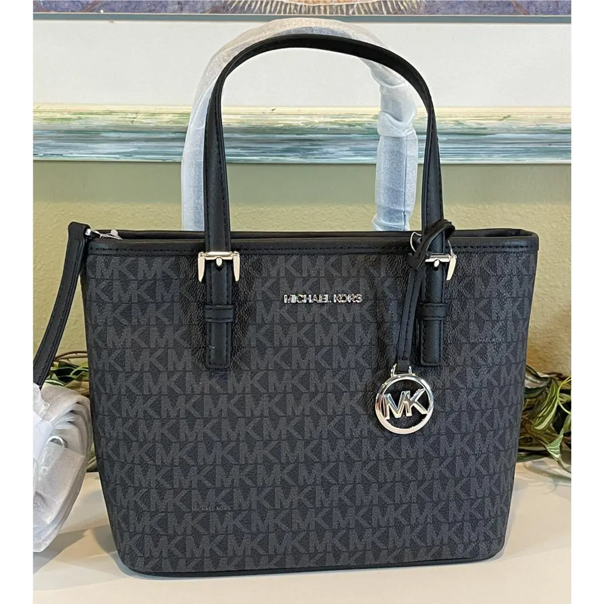 Michael Kors Jet Set Travel XS Zip Crossbody MK Black Signature Silver Tote Bag