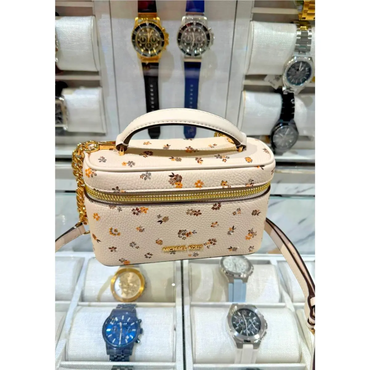 Michael Kors Vivi Women Small Floral Print Vanity Crossbody Bag Light Cream