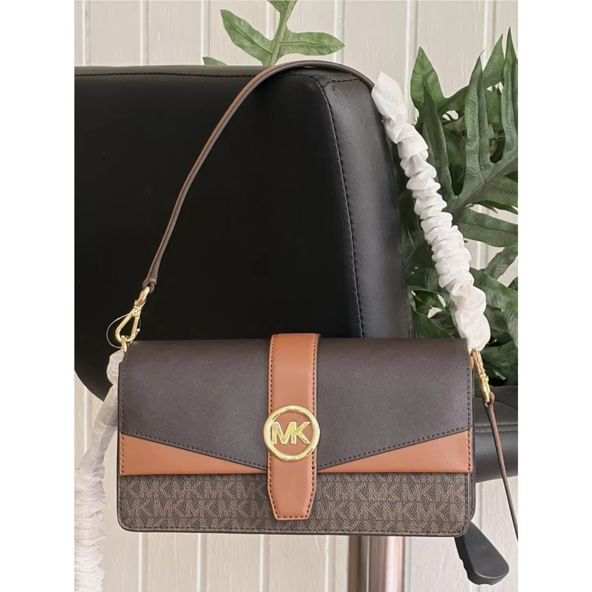 Michael Kors Greenwich Medium Flap Shoulder Crossbody Bag MK Brown Gold Logo