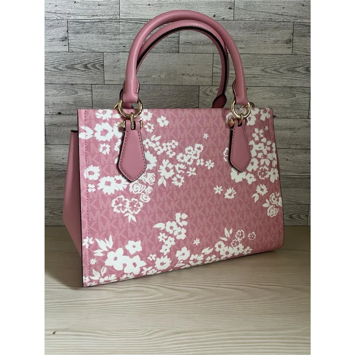 Michael Kors Marilyn Medium Signature Logo Satchel Bag Rose Pink Floral