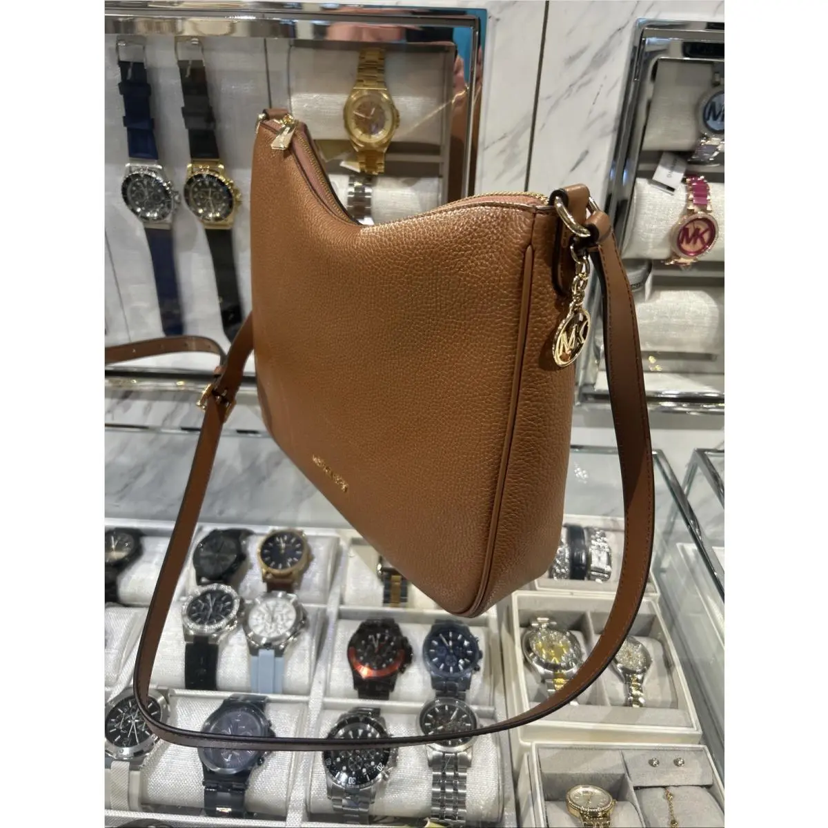 Michael Kors Nayla Medium Zip Messenger Crossbody Bag Tote Purse MK Brown Gold