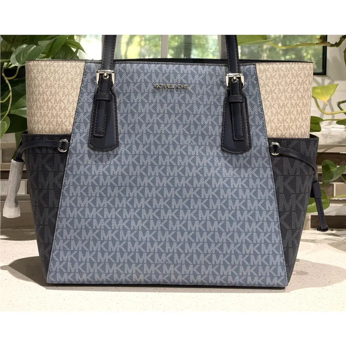 Voyager Large Tote Shoulder Bag Laptop Navy Denim White Silver Logo by Michael Kors