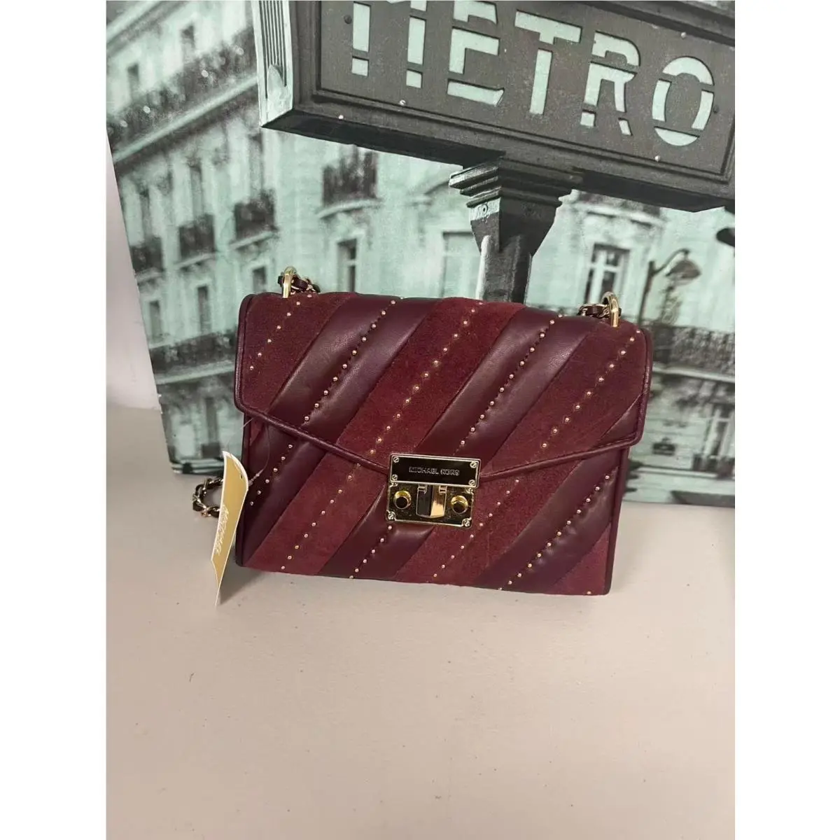 Michael Kors MK Rose Medium Flap Bag 35F1GXOL2U Burgundy Suede Leather Stud Chain Crossbody