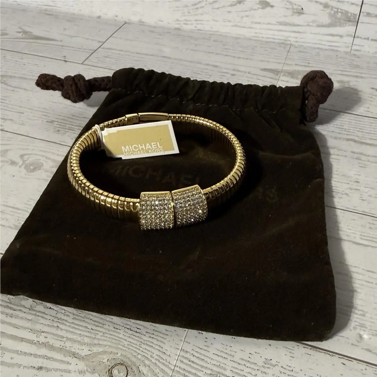 Michael Kors MK Gold Tone Pavé Crystal Hinged Bangle Bracelet Designer Bling Bag
