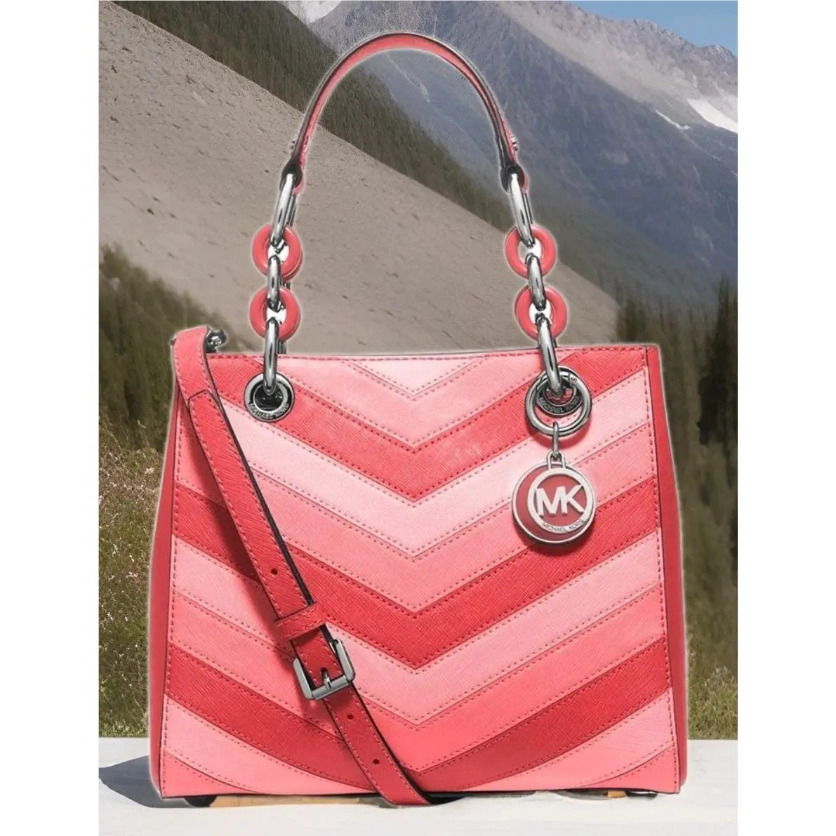 Michael Kors Cynthia Coral Pink Saffiano Leather Crossbody Satchel Bag