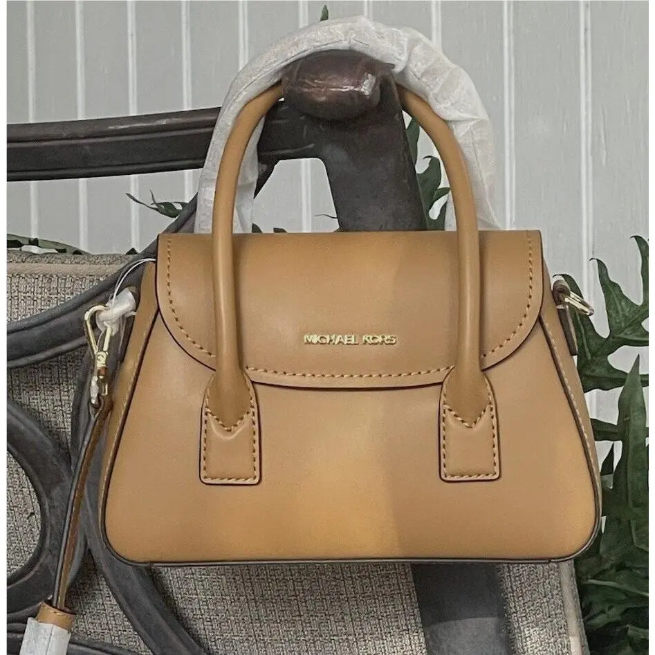 Michael Kors Katya Small Flap Satchel Crossbody Bag MK Deer Leather Brown Gold