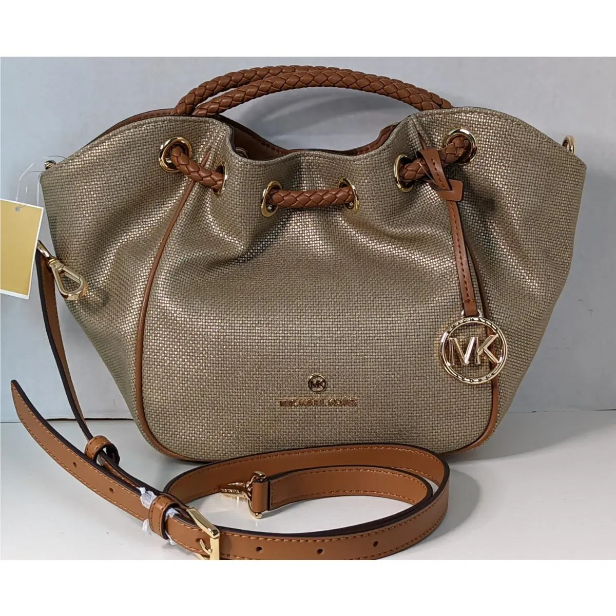 Michael Kors Montauk Small Tote Crossbody Bag Leather Metallic Gold Canvas