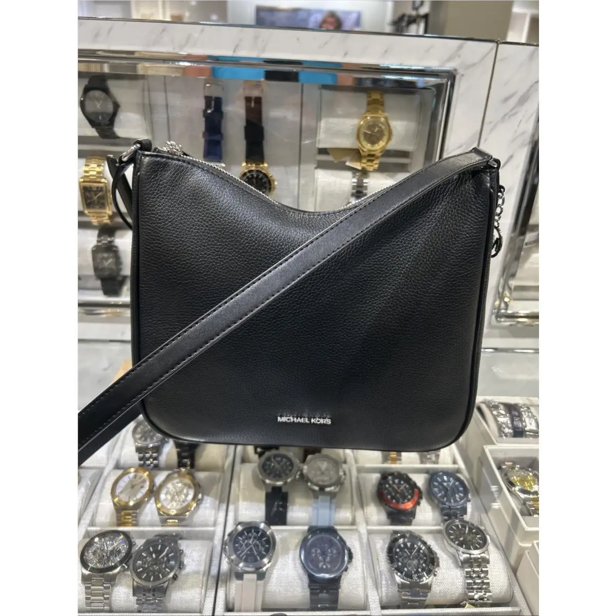 Michael Kors Nayla Medium Zip Messenger Crossbody Bag Shoulder MK Black Silver