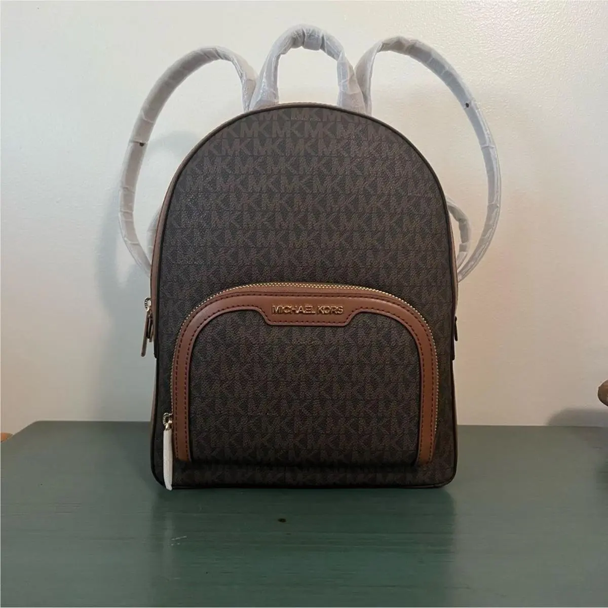 Michael Kors Jaycee Medium Backpack Brown Signature MK Logo Leather Trim
