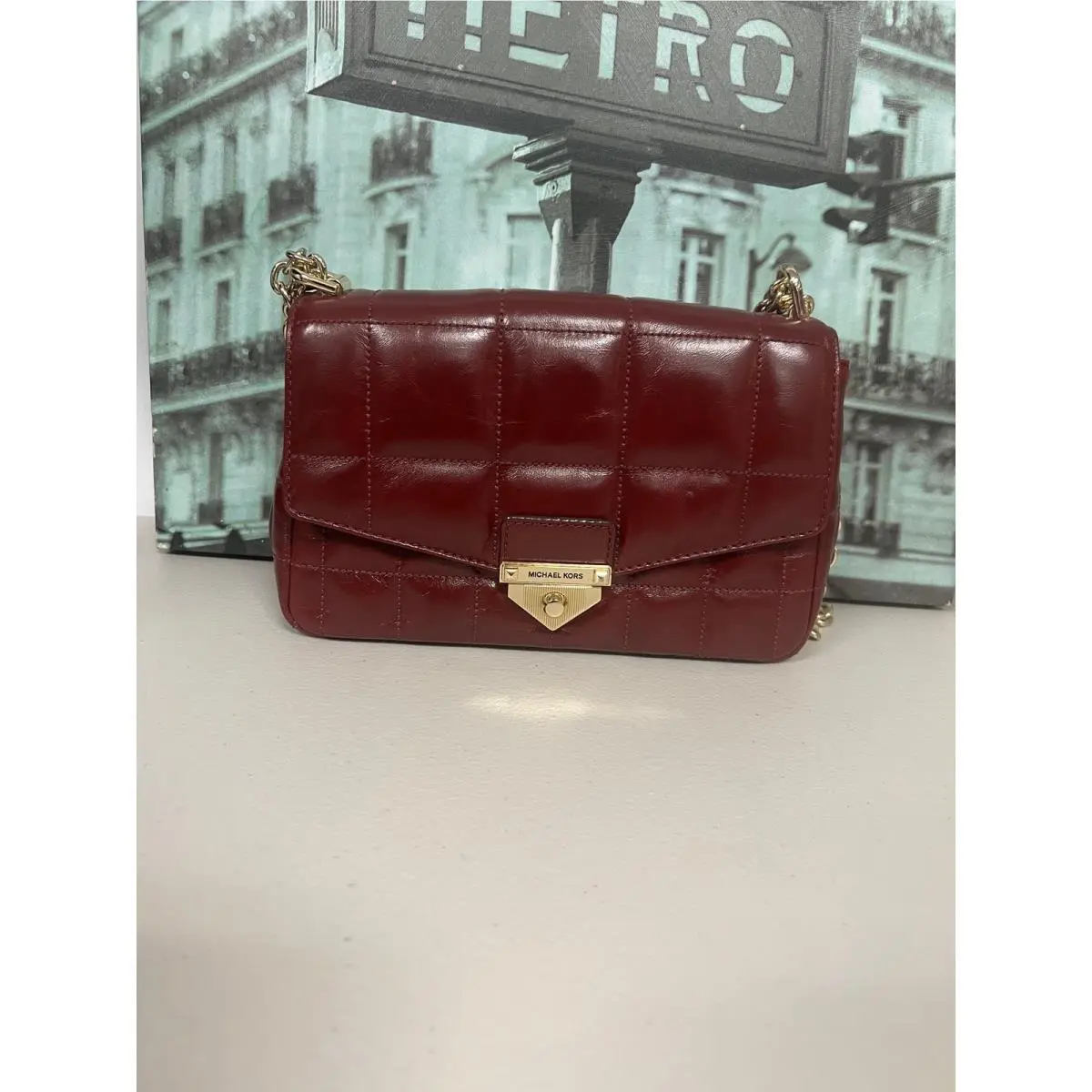 Michael Kors MK Soho 30F0L1SL3Y Dark Berry Quilt Leather Gold Chain Shoulder Bag