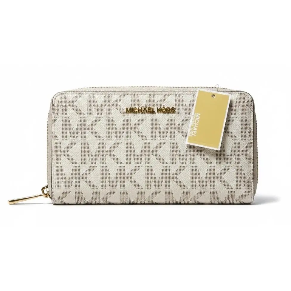 Michael Kors Jet Set Vanilla Logo Zip Around Multi Pockets Large Wallet