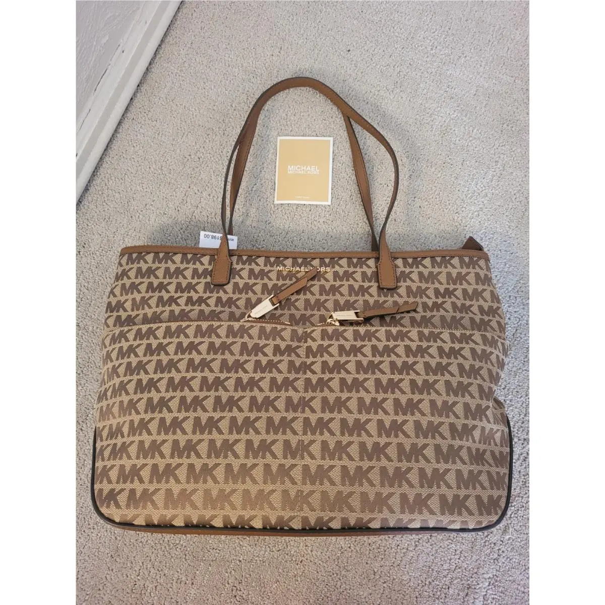 Michael Kors Brown Logo Tote Bag Large Zip Closure Gold Hardware